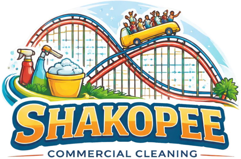 Commercial cleaning company logo with cleaning tools and amusement park theme