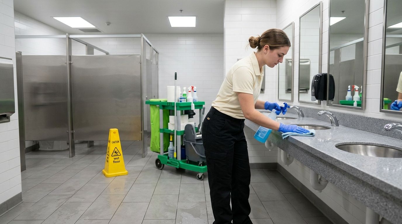 Commercial cleaning professional cleaning and disinfecting restroom sinks in Shakopee, MN