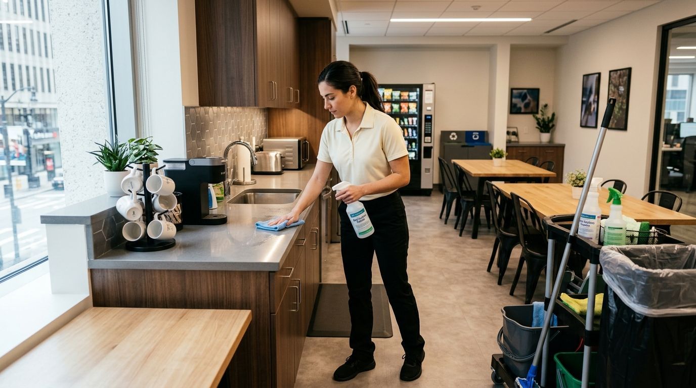 Commercial cleaning professional cleaning breakroom kitchen counter in Shakopee, MN