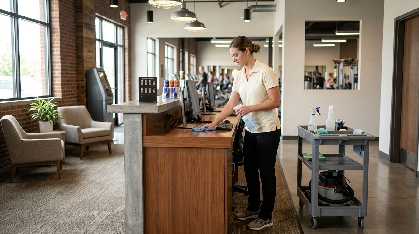 Commercial cleaning professional cleaning front desk area in a fitness center in Shakopee, MN