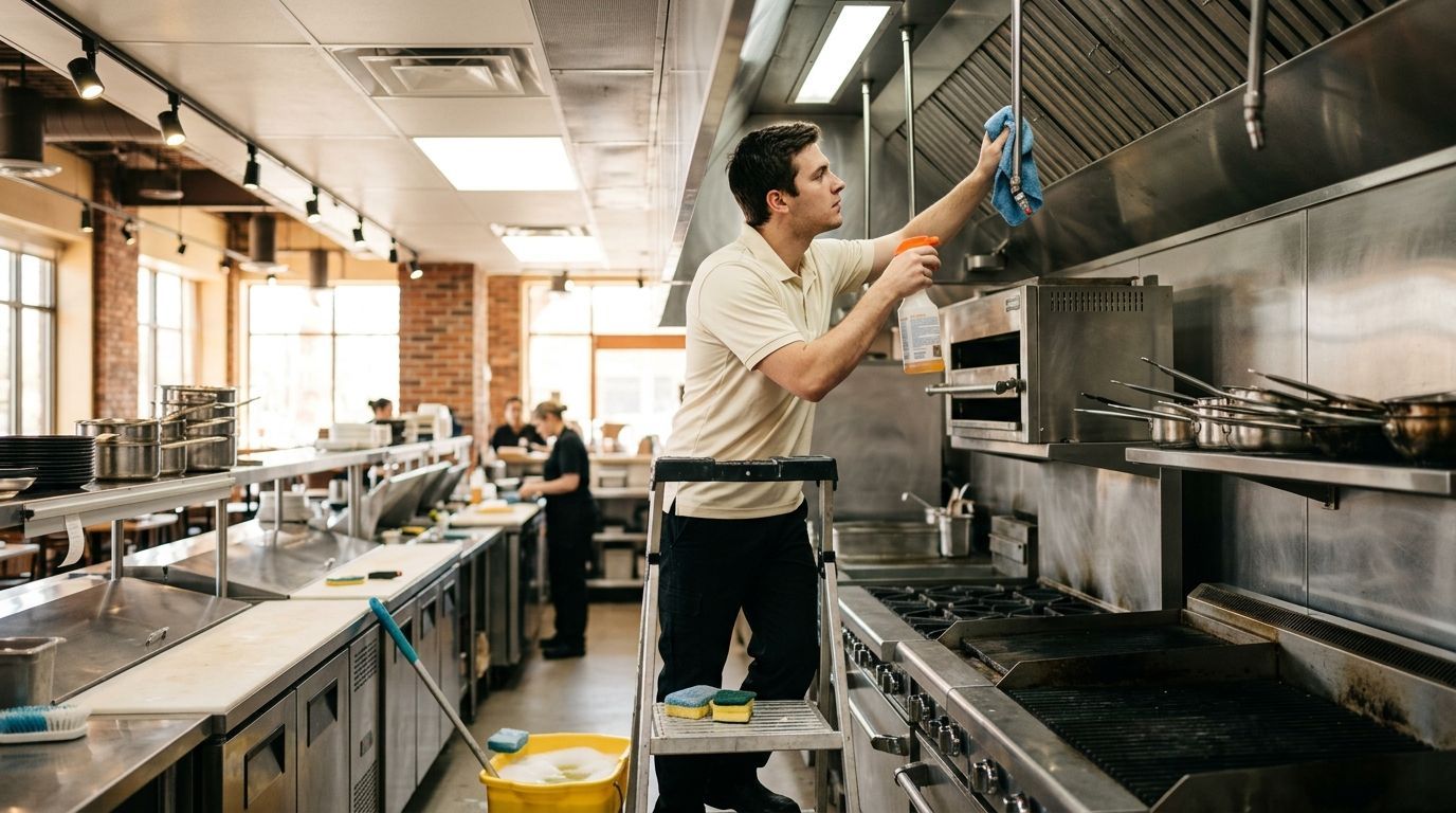 Commercial cleaning professional cleaning kitchen equipment and hood area in Shakopee, MN