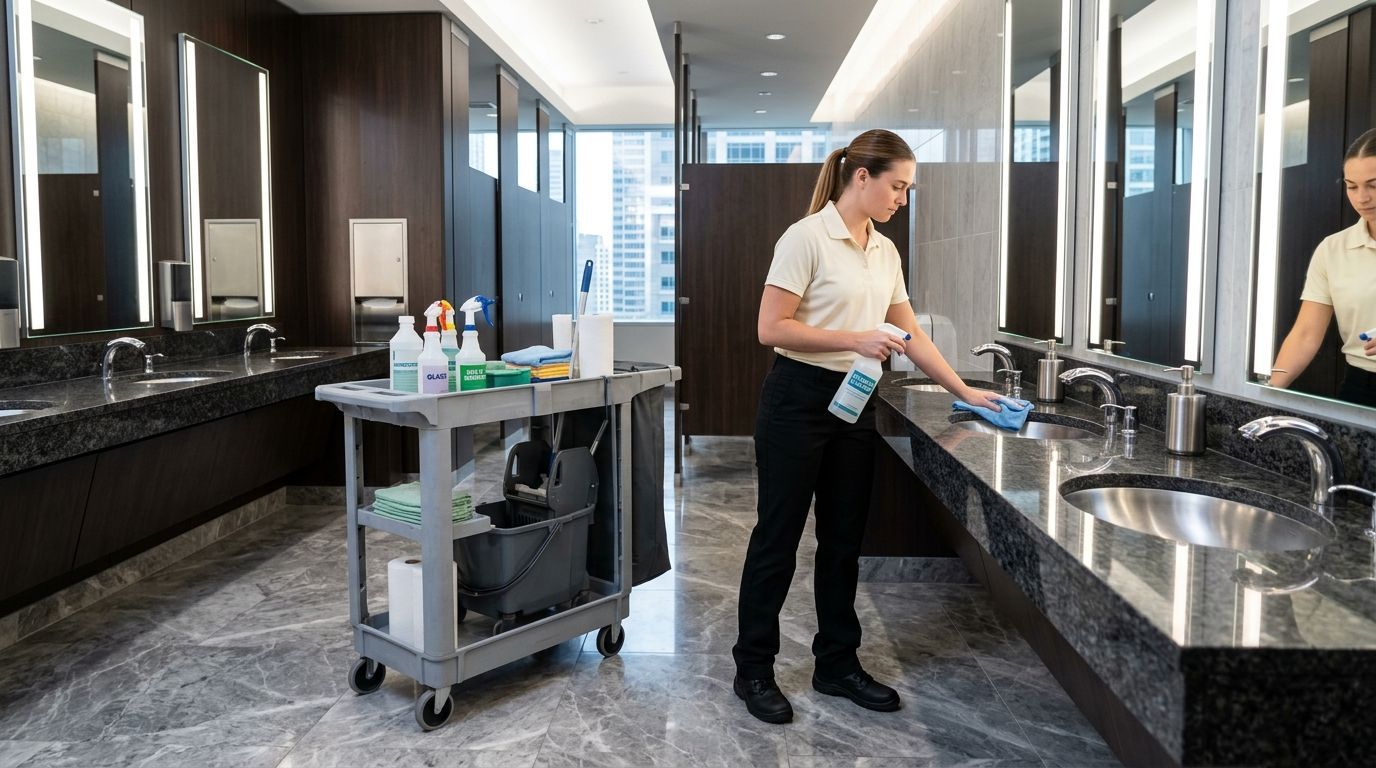 Commercial cleaning professional cleaning restroom sinks in commercial building in Shakopee, MN