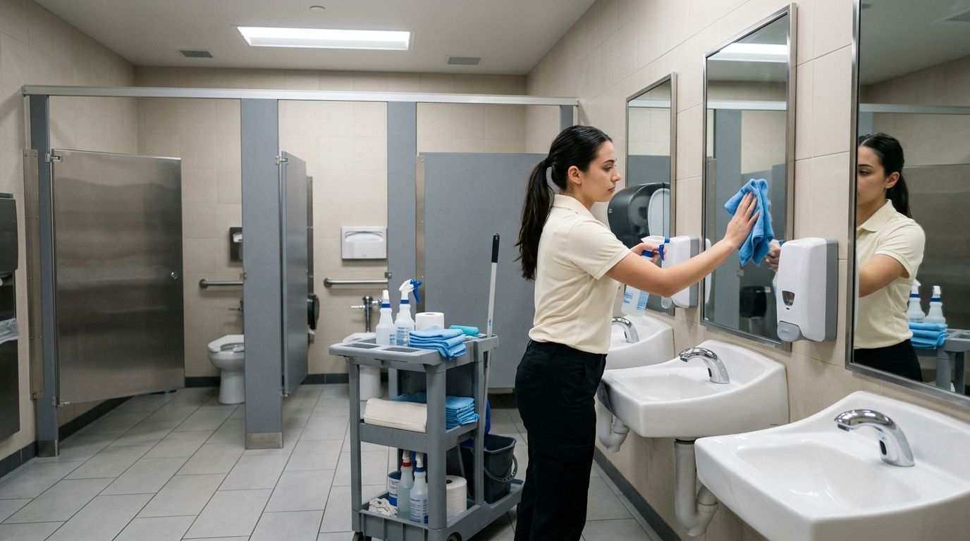 Commercial cleaning professional cleaning restroom sinks in medical facility in Shakopee, MN
