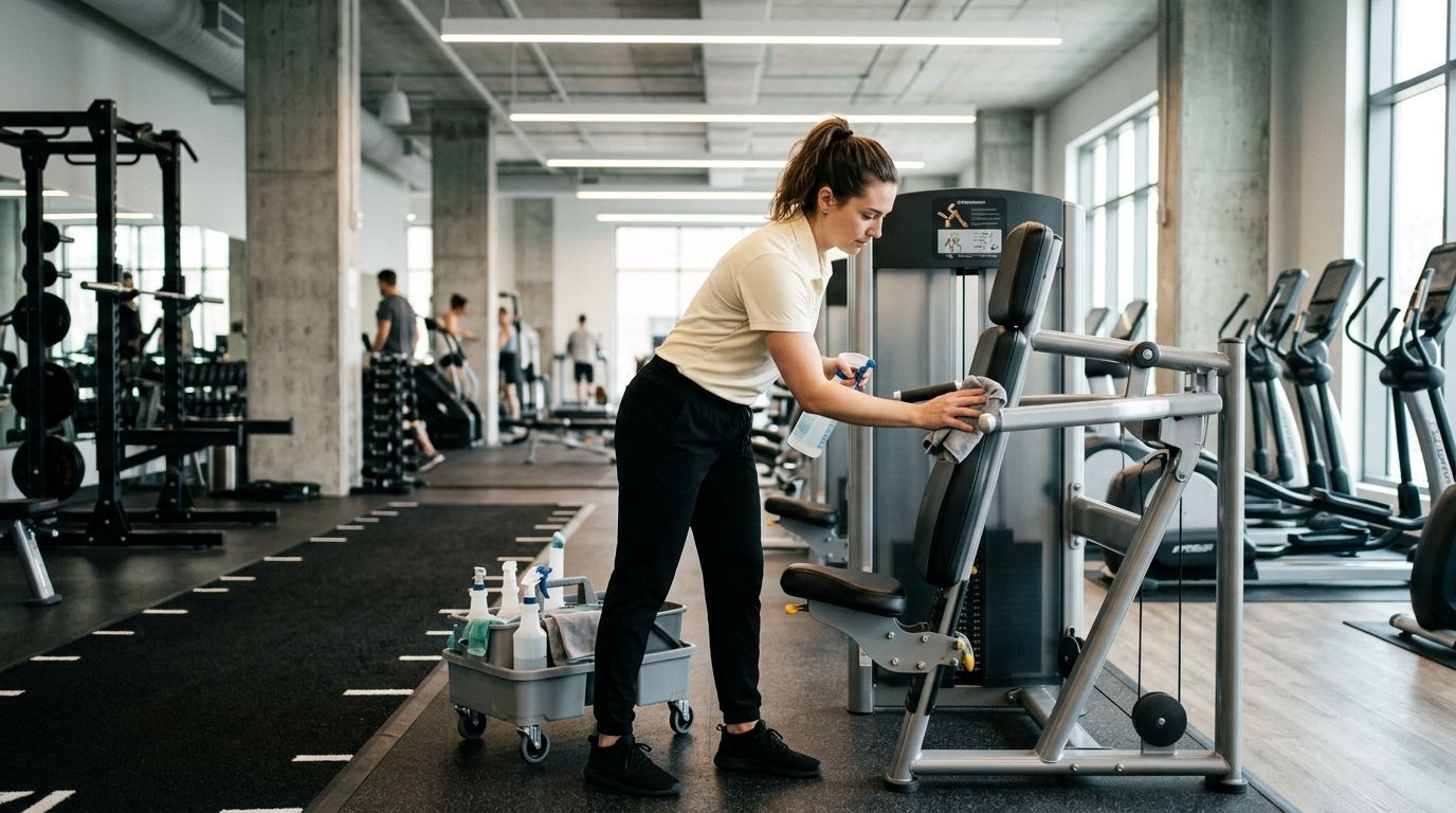 Commercial cleaning professional cleaning strength equipment in a fitness center in Shakopee, MN