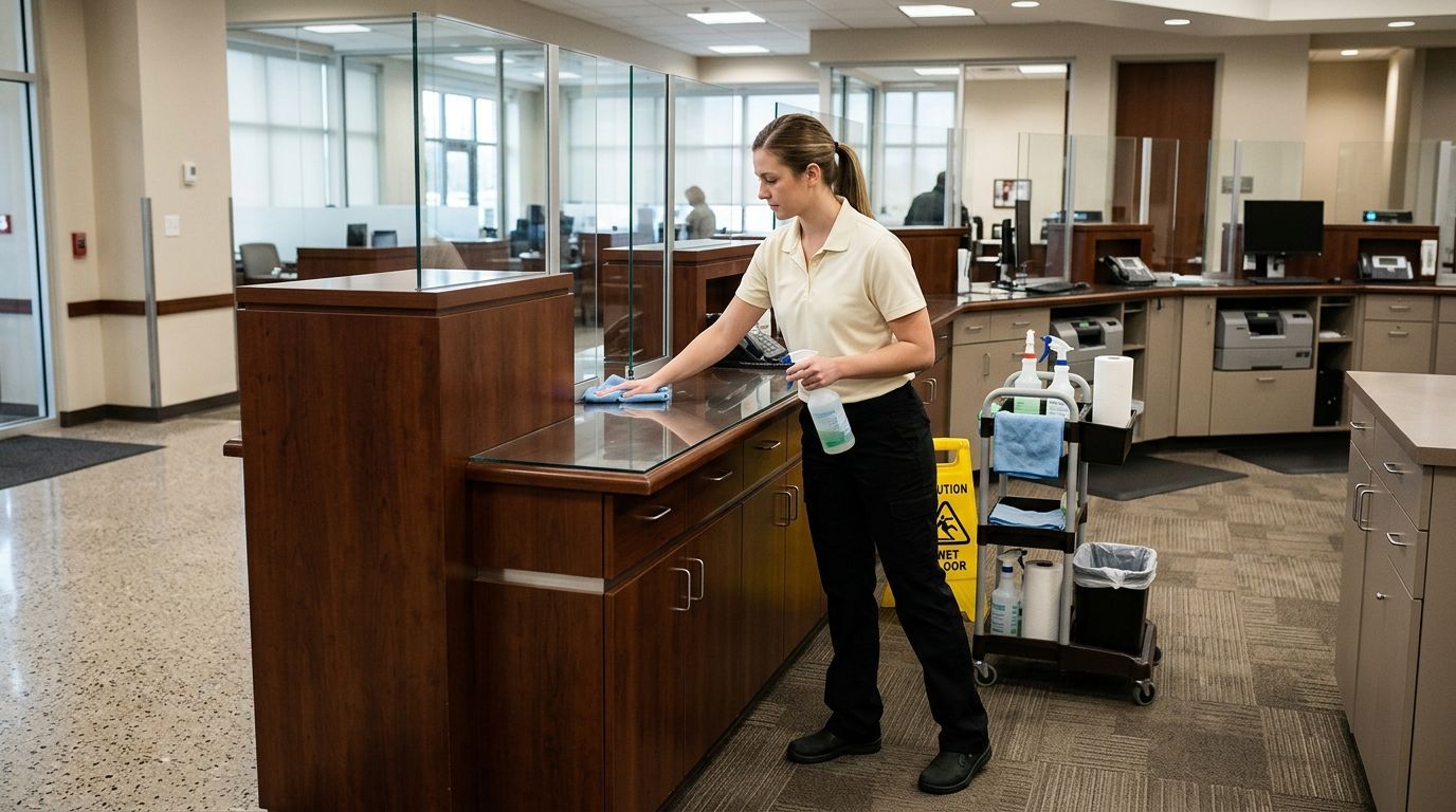 Cleaner disinfecting patient room bedside table and surfaces in medical facility in Eden Prairie, MN