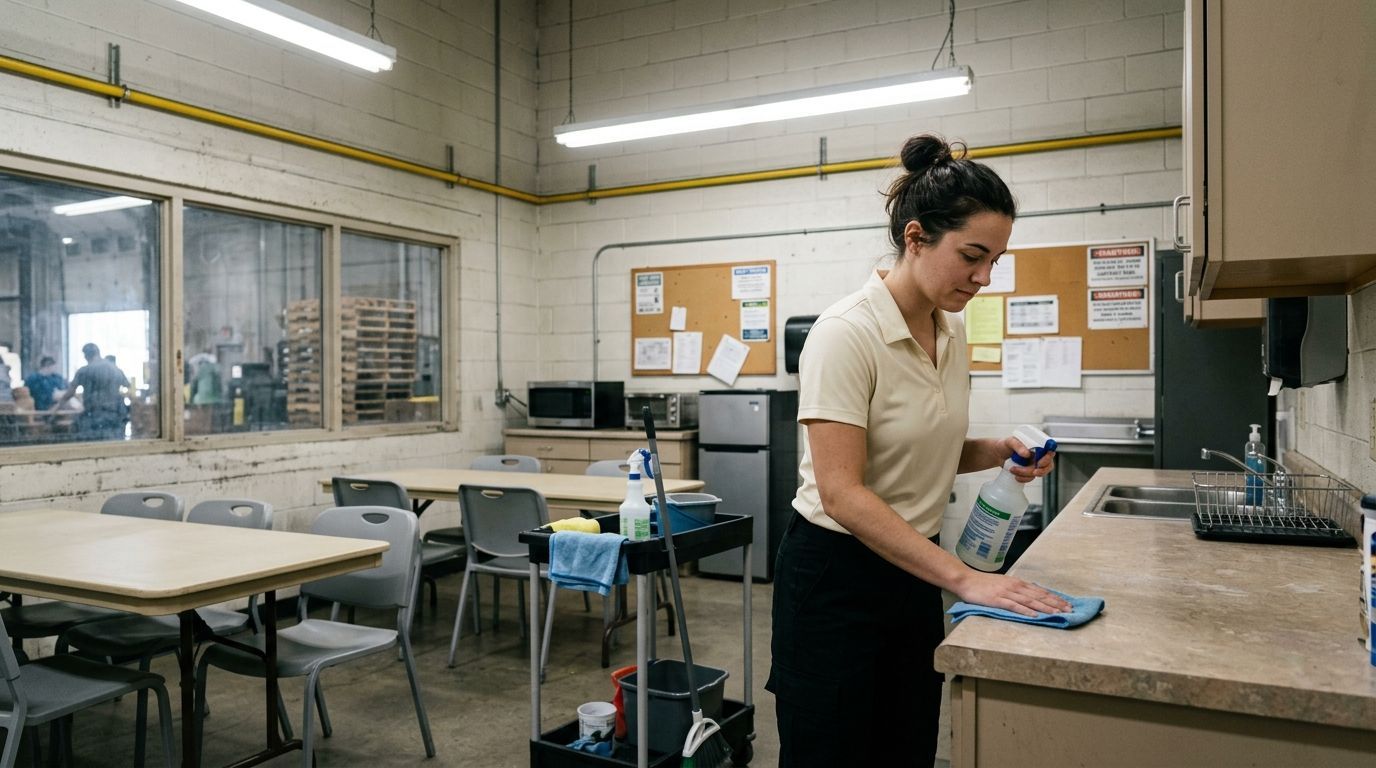 Commercial cleaning professional disinfecting breakroom counters in a warehouse facility in Shakopee, MN