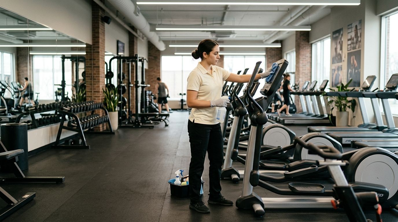 Commercial cleaning professional disinfecting cardio machines in a gym in Shakopee, MN