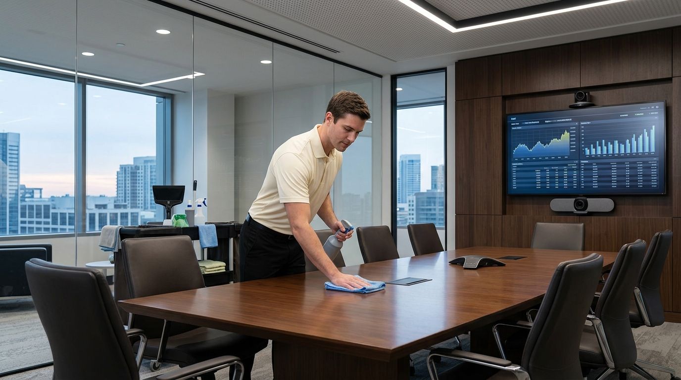 Commercial cleaning professional disinfecting conference room table in Shakopee, MN