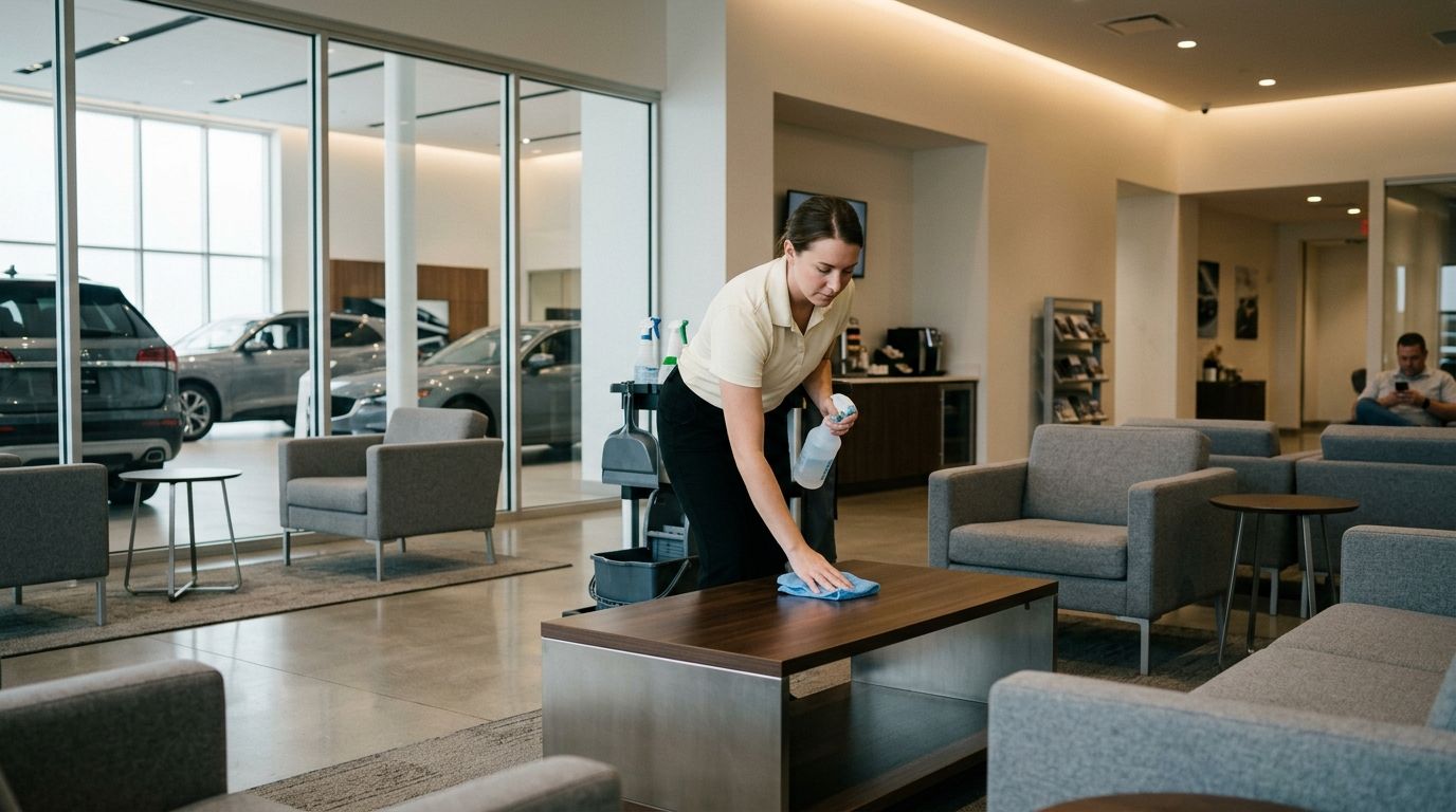 Commercial cleaning professional cleaning waiting area tables in an auto dealership in Shakopee, MN