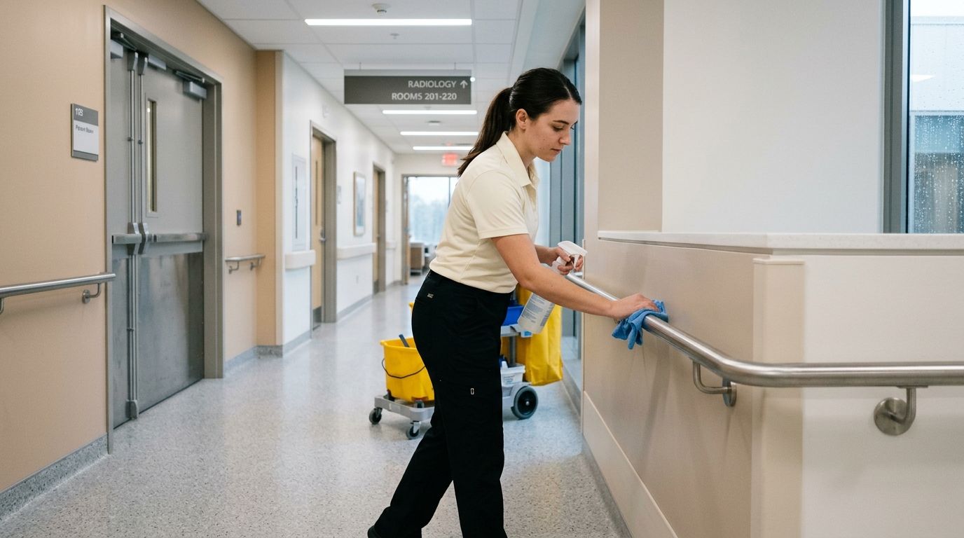 Commercial cleaning professional disinfecting hospital hallway handrails in Shakopee, MN