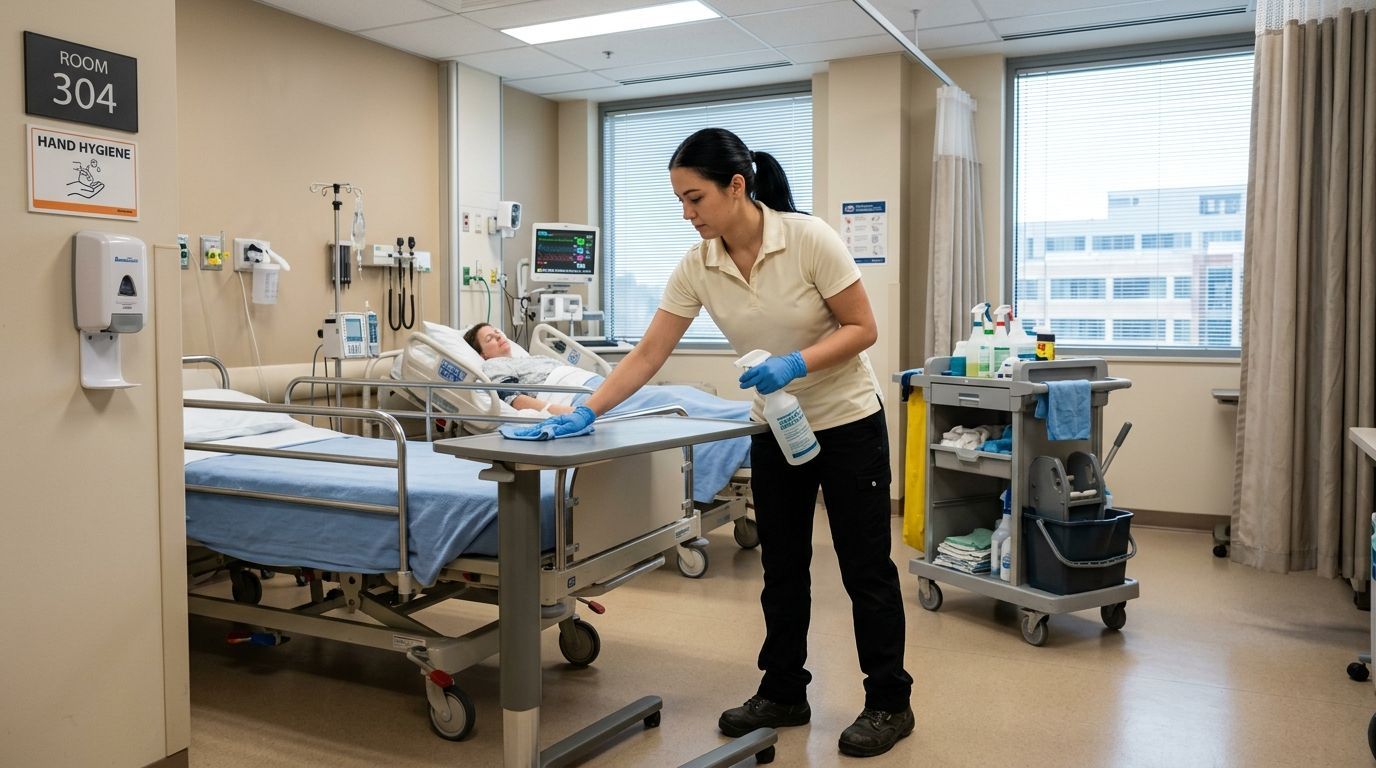 Cleaner disinfecting patient room bedside table and surfaces in medical facility in Eden Prairie, MN