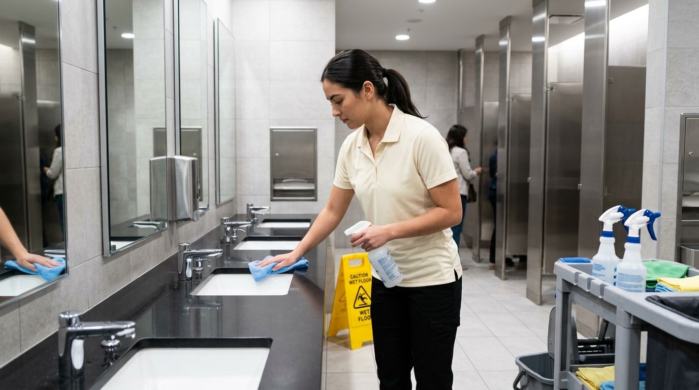 Commercial cleaning professional disinfecting restroom sinks in a commercial facility in Shakopee, MN