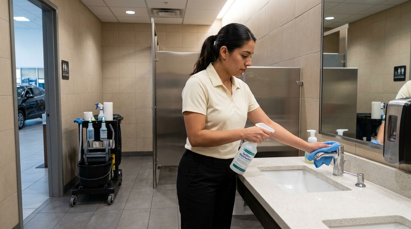 Commercial cleaning professional disinfecting restroom sinks in an auto dealership in Shakopee, MN