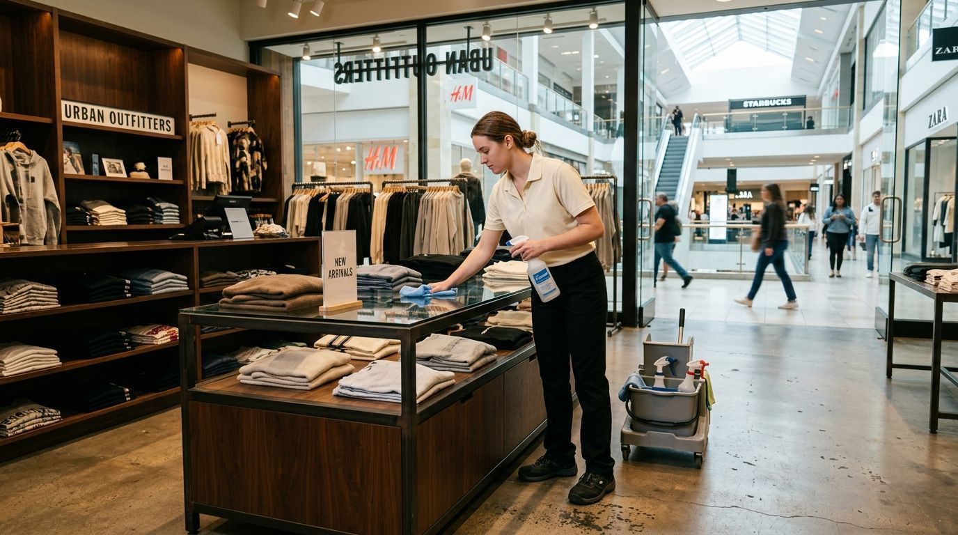 Commercial cleaning professional disinfecting retail display tables in a shopping mall in Shakopee, MN