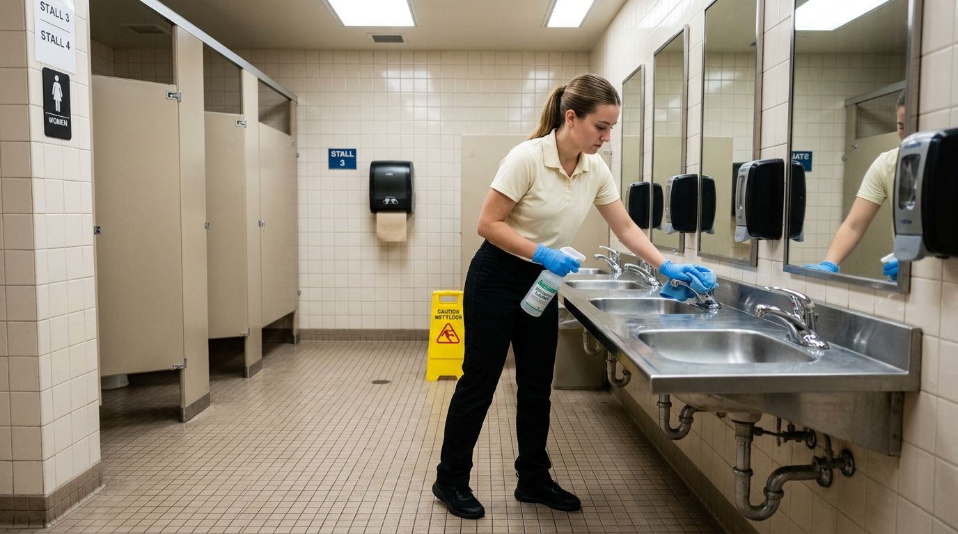 Commercial cleaning professional disinfecting school restroom sinks in Shakopee, MN