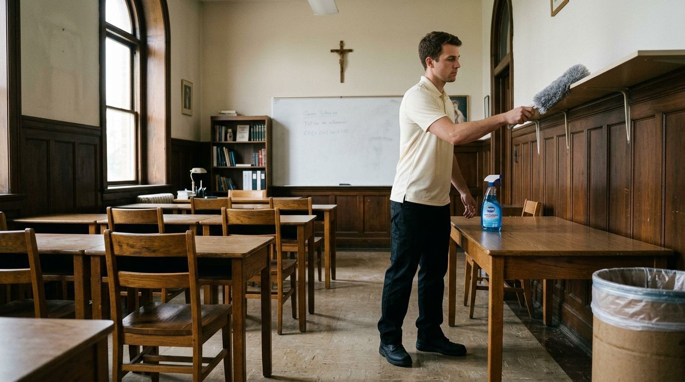 Commercial cleaning professional dusting church classroom surfaces in Shakopee, MN