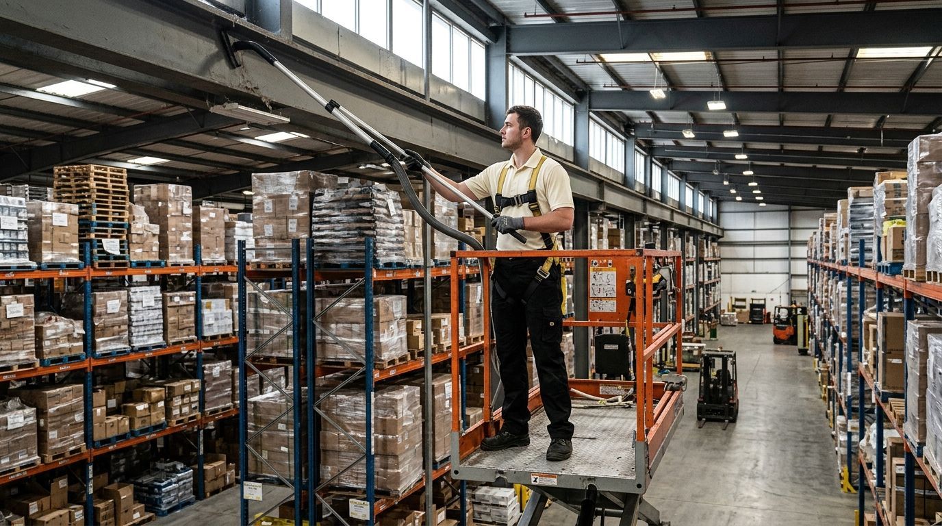 Worker operating industrial floor scrubber cleaning warehouse concrete floor in Eden Prairie, MN