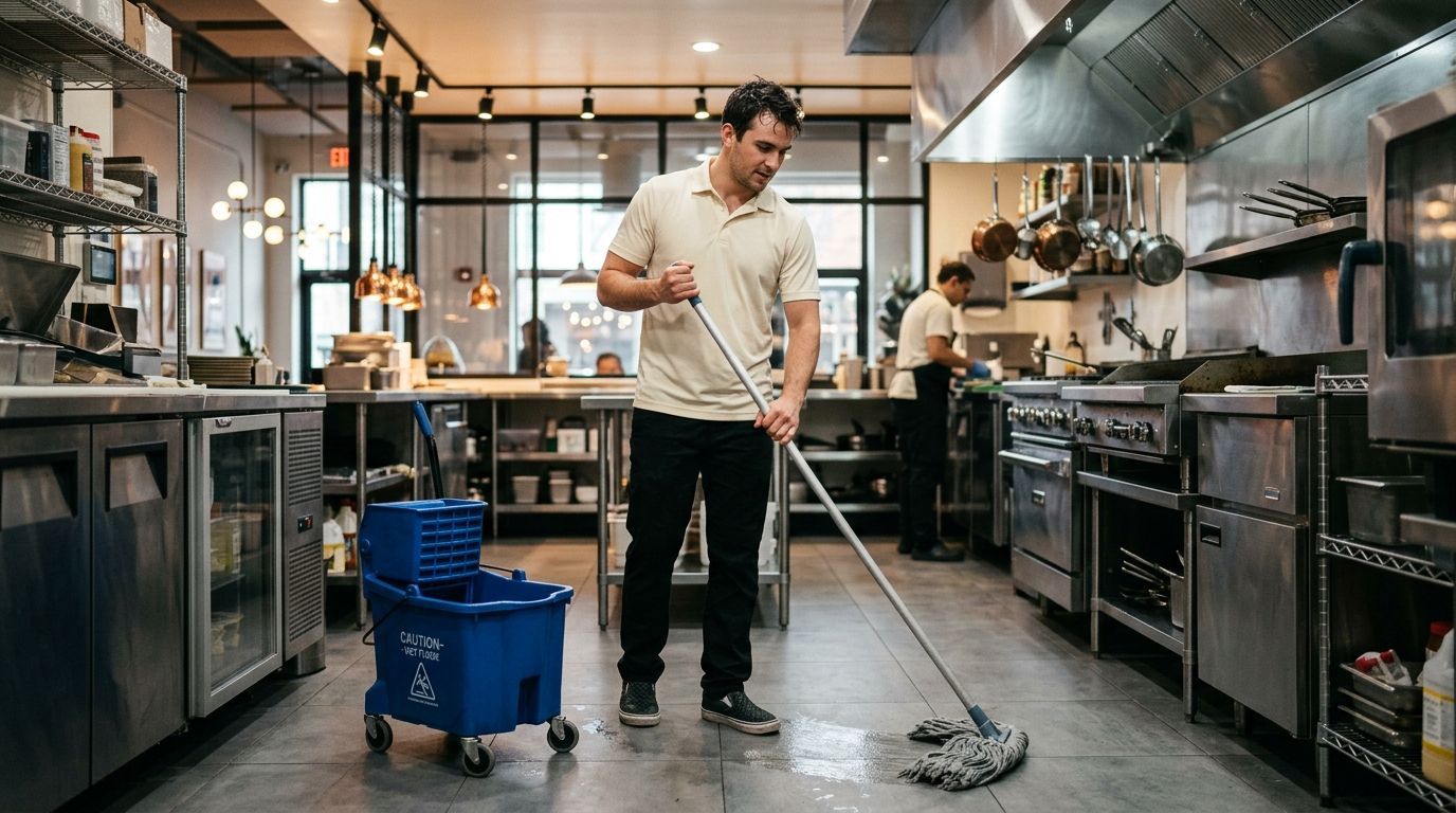 Commercial cleaning professional mopping a restaurant kitchen floor in Shakopee, MN