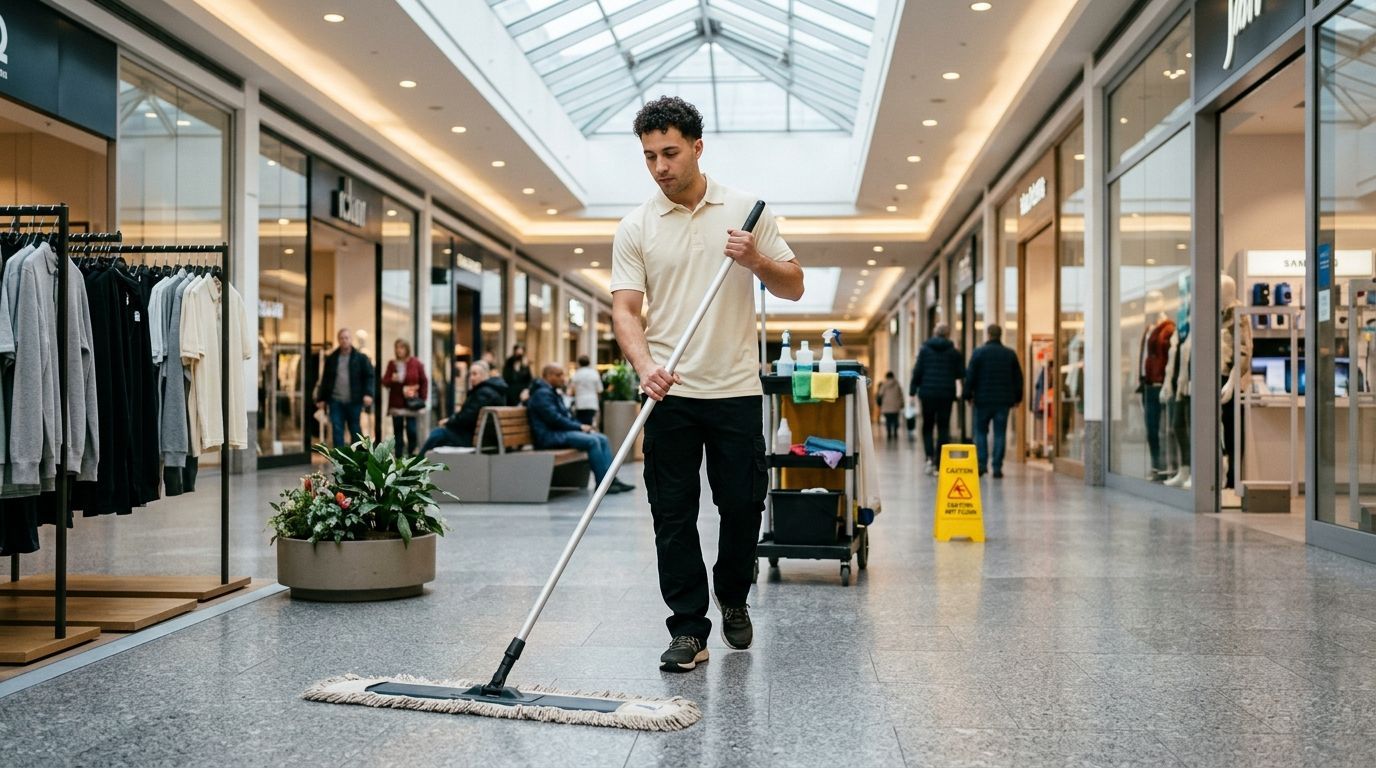 Commercial cleaning professional mopping a shopping mall walkway in Shakopee, MN