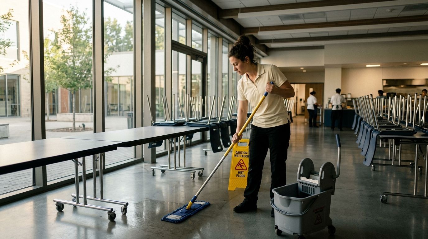 Commercial cleaning professional mopping cafeteria floor in a school in Shakopee, MN