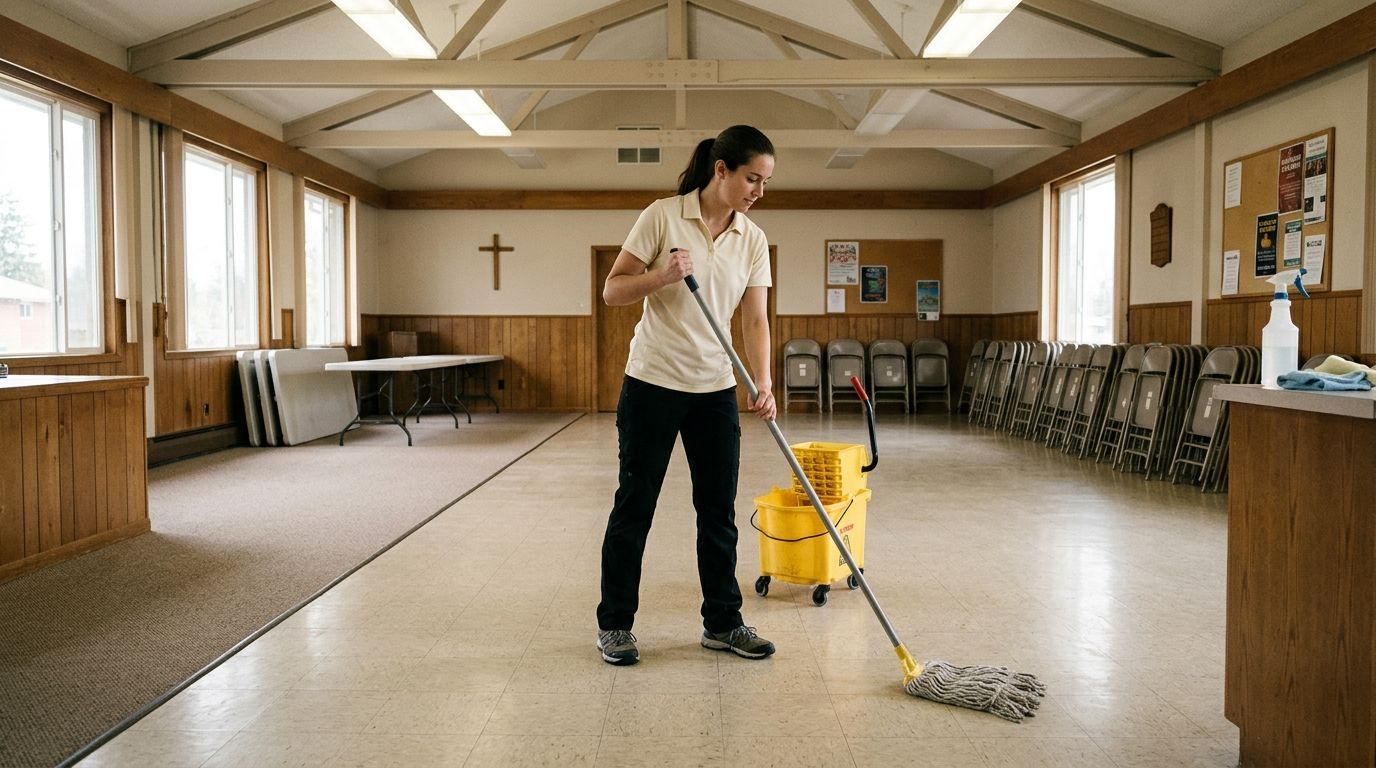 Commercial cleaning professional mopping church fellowship hall floor in Shakopee, MN
