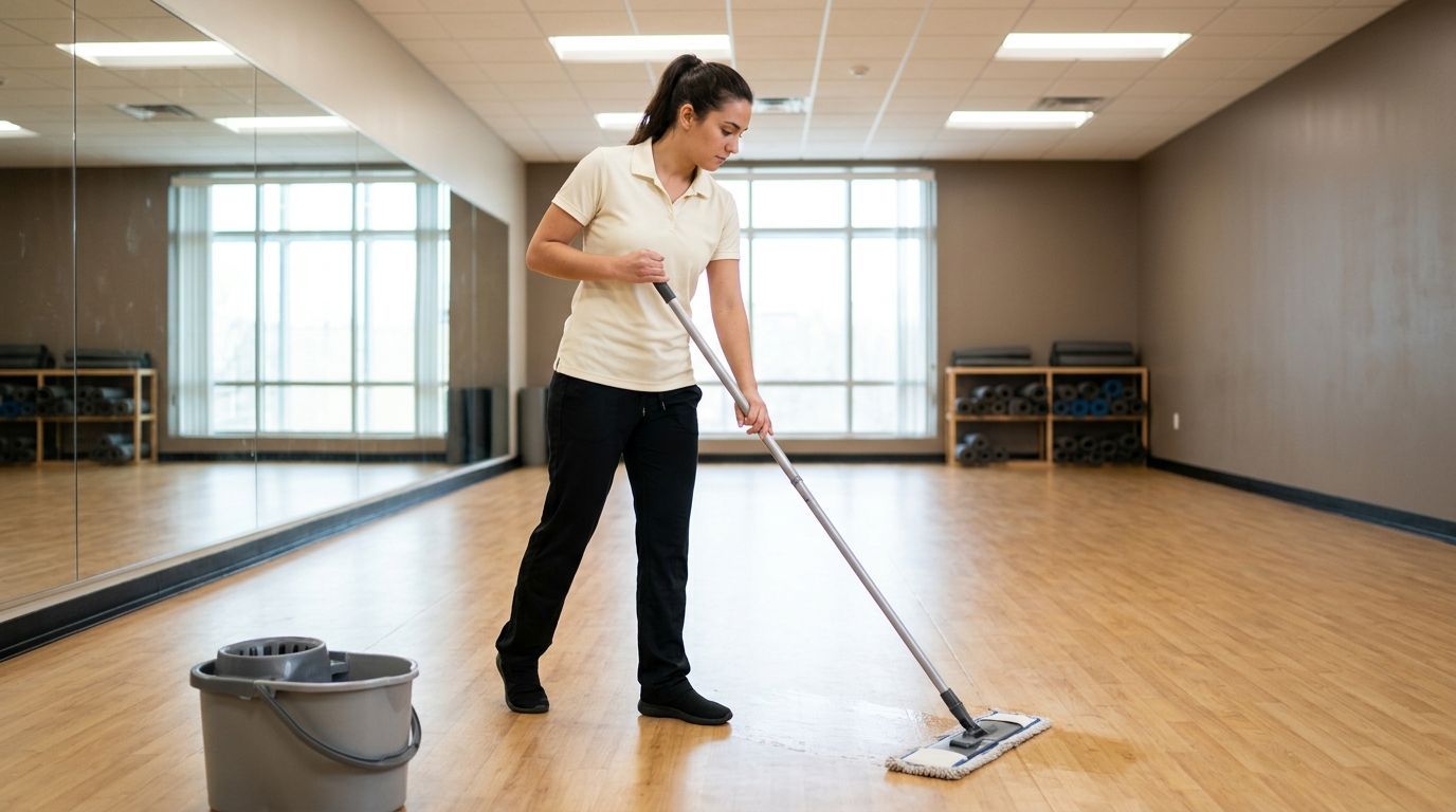 Commercial cleaning professional mopping fitness studio floor in Shakopee, MN