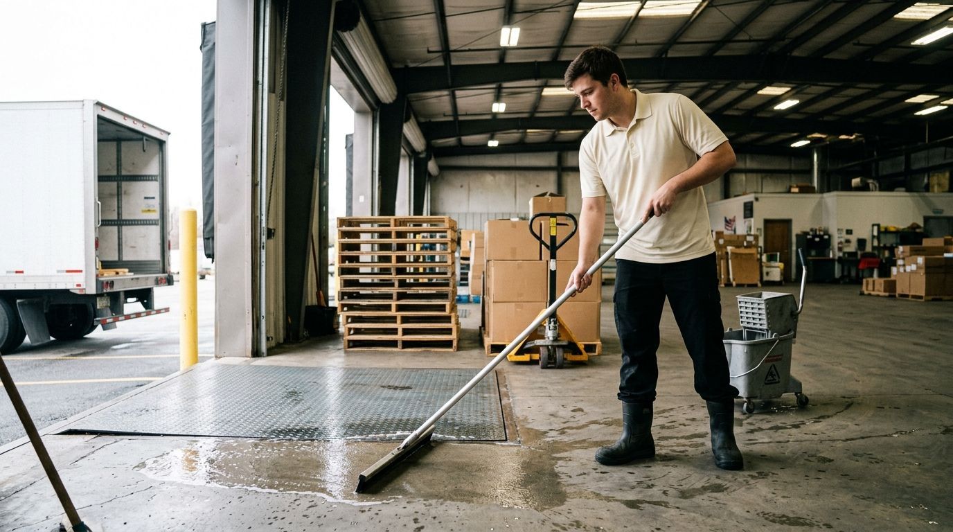 Commercial cleaning professional mopping loading dock floor in a warehouse in Shakopee, MN