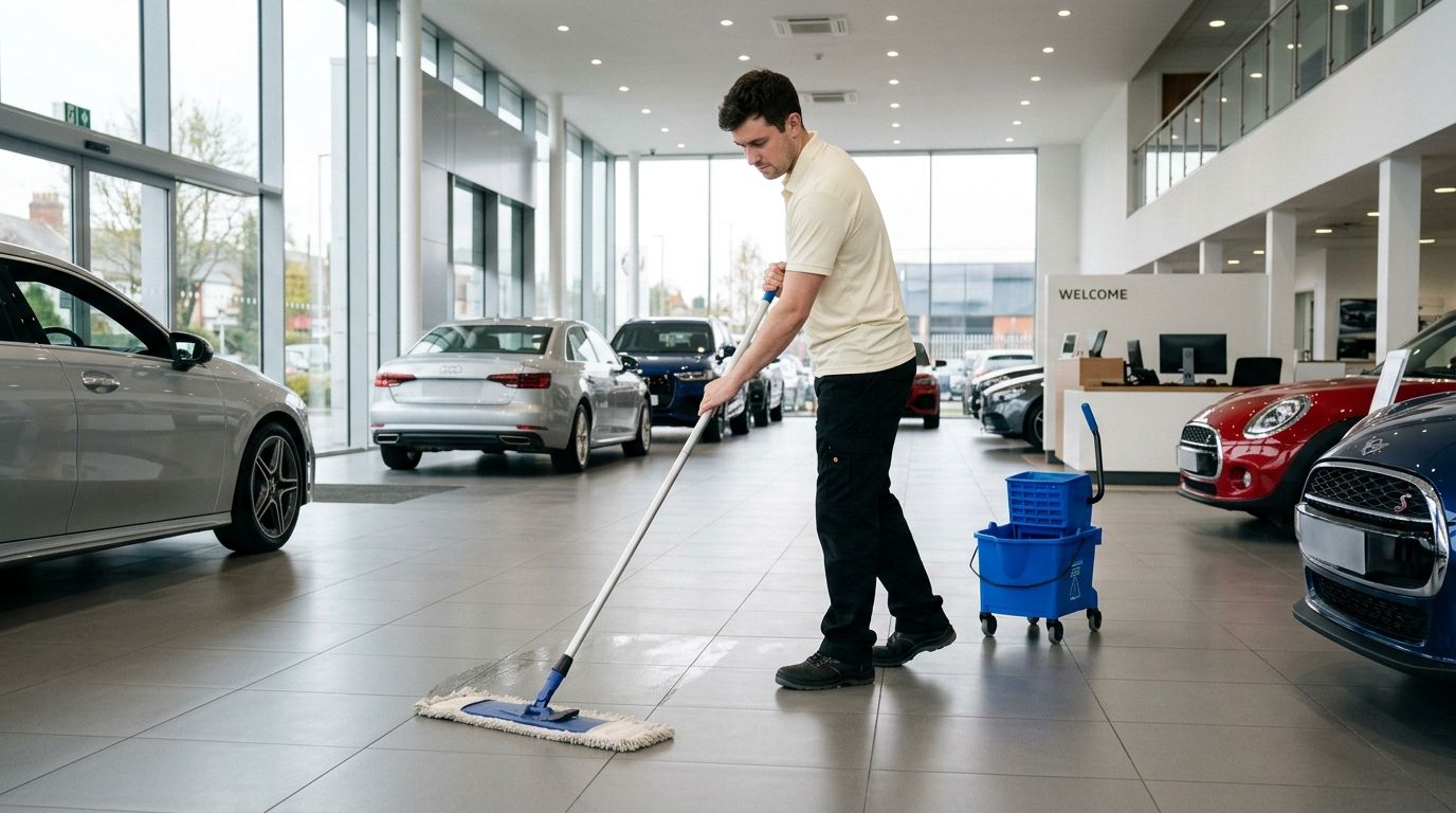 Commercial cleaning professional mopping showroom floor in an auto dealership in Shakopee, MN