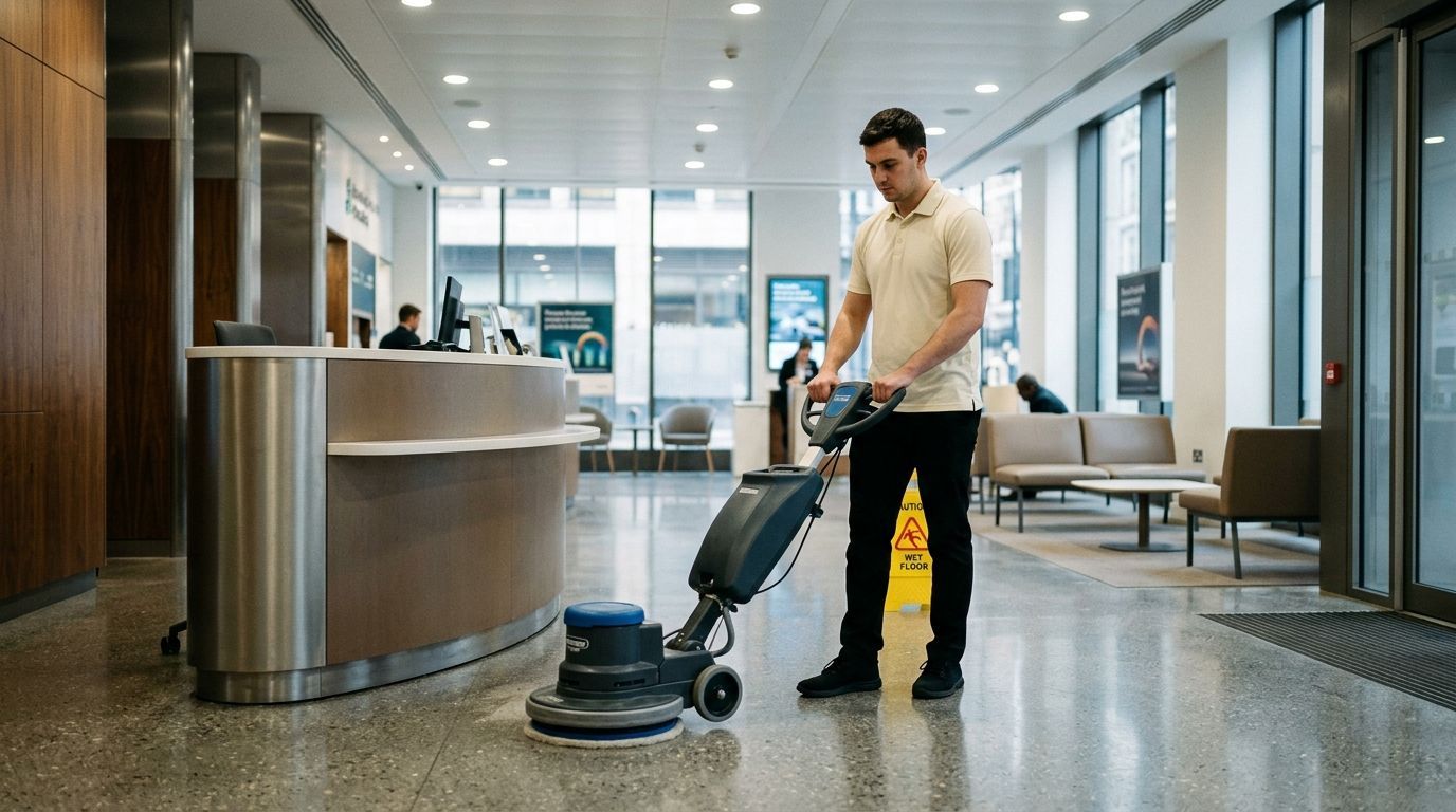 Commercial cleaning professional polishing lobby floor in financial building in Shakopee, MN