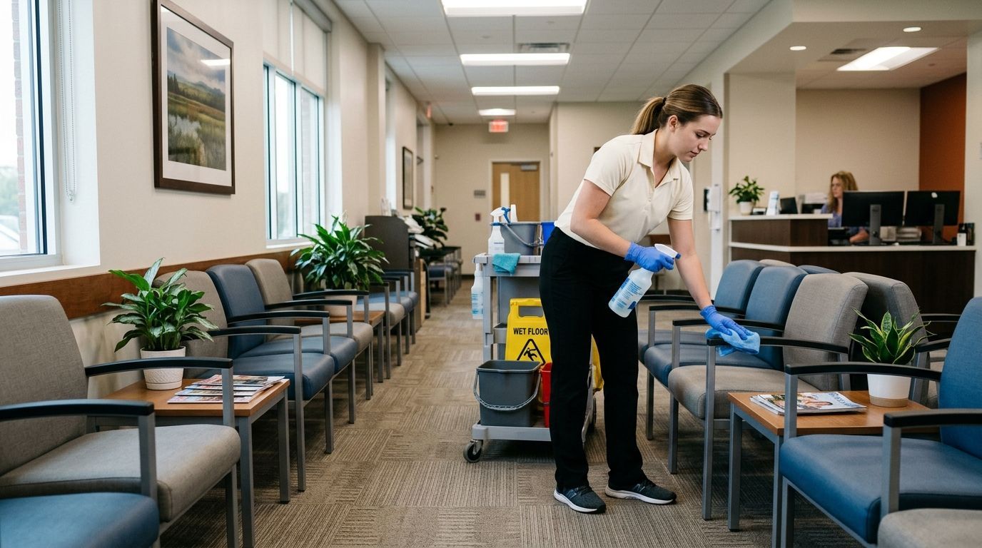 Commercial cleaning professional sanitizing medical waiting room chairs in Shakopee, MN