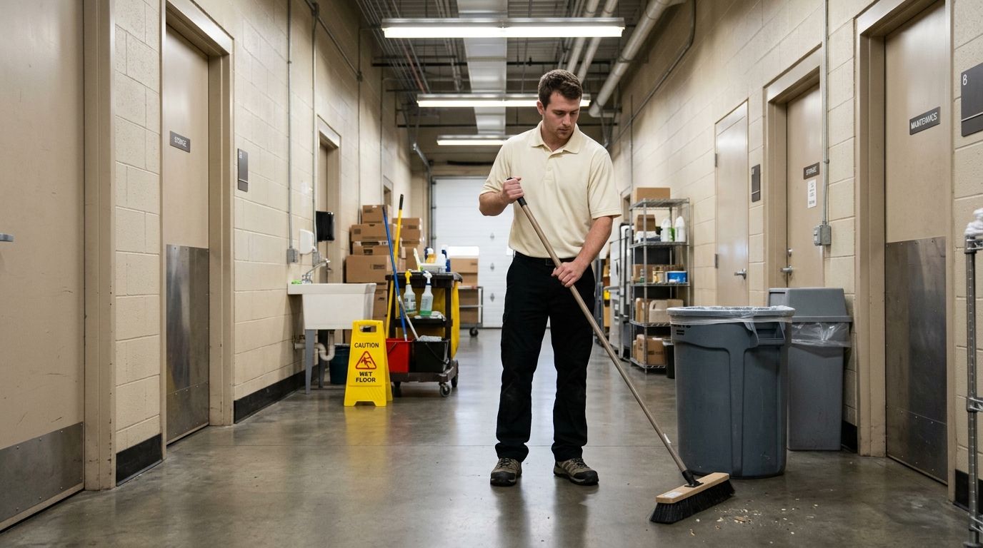 Commercial cleaning professional sweeping a service hallway floor in Shakopee, MN