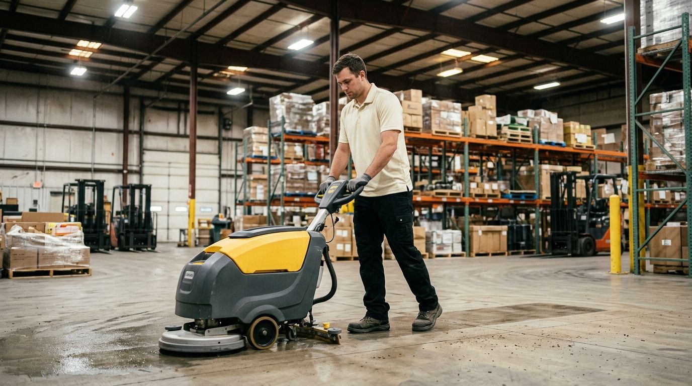 Commercial cleaning professional using floor scrubber in an industrial warehouse in Shakopee, MN