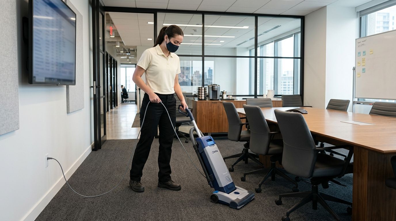 Commercial cleaning professional vacuuming conference room carpet in Shakopee, MN