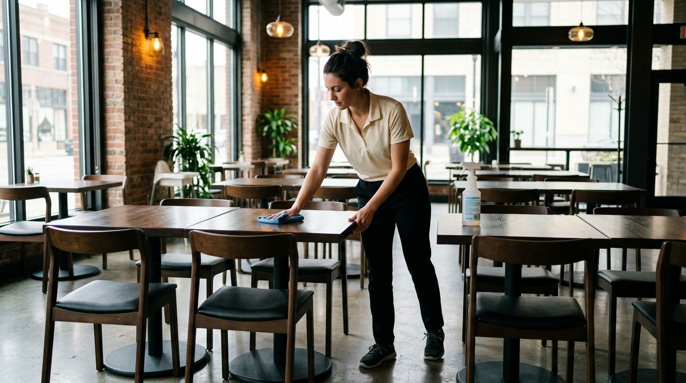 Commercial cleaning professional wiping and sanitizing restaurant tables in Shakopee, MN