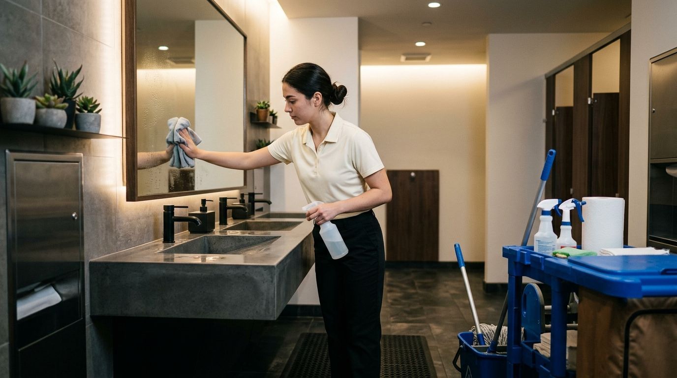 Commercial cleaning professional wiping and sanitizing restroom sinks and mirrors in Shakopee, MN