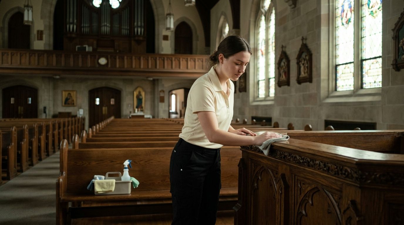 Commercial cleaning professional wiping church pew surfaces in Shakopee, MN
