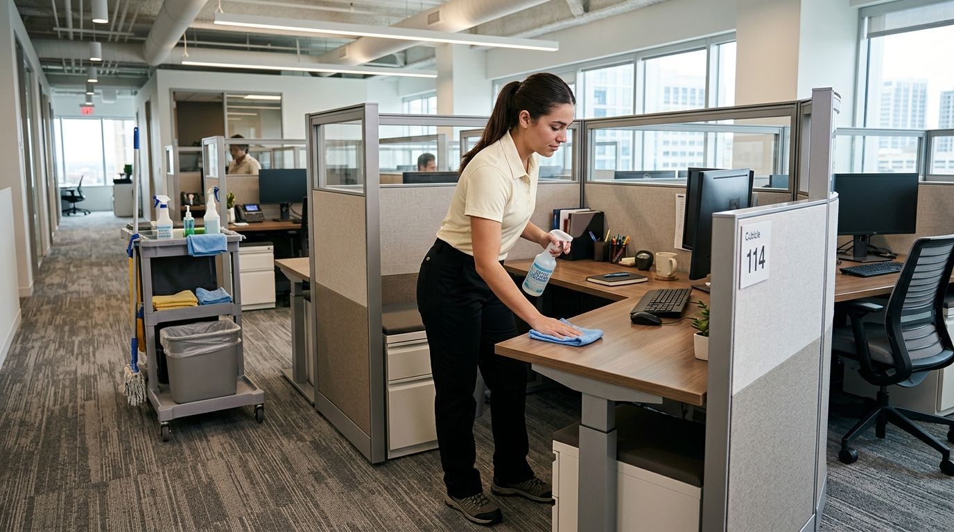 Cleaner vacuuming carpet in cubicle workspace area in commercial office in Eden Prairie, MN