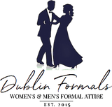 Silhouette of a dancing couple above "Dublin Formals" logo; formal attire shop.