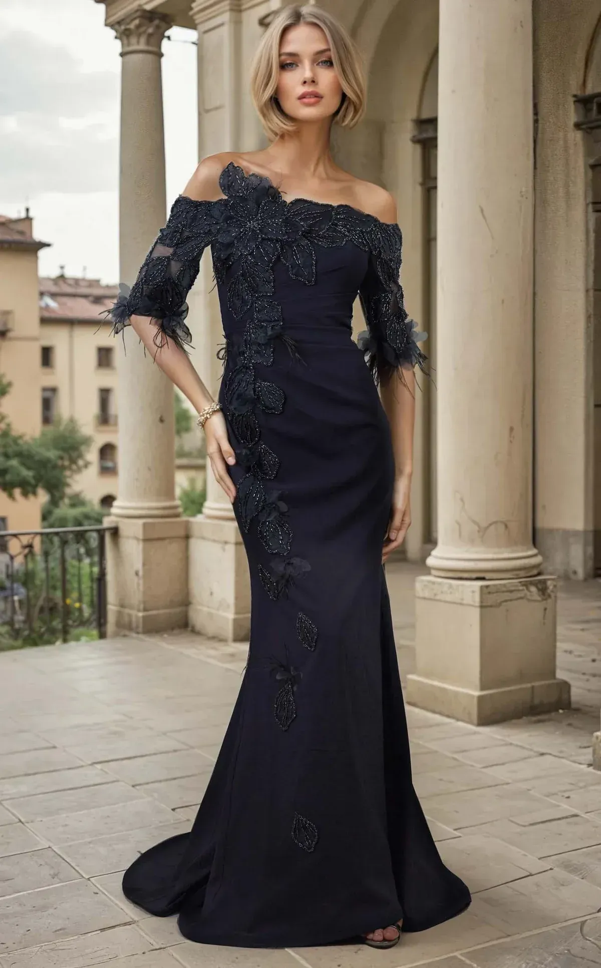 Woman in a dark blue, off-the-shoulder formal gown with floral embellishments, standing outdoors.