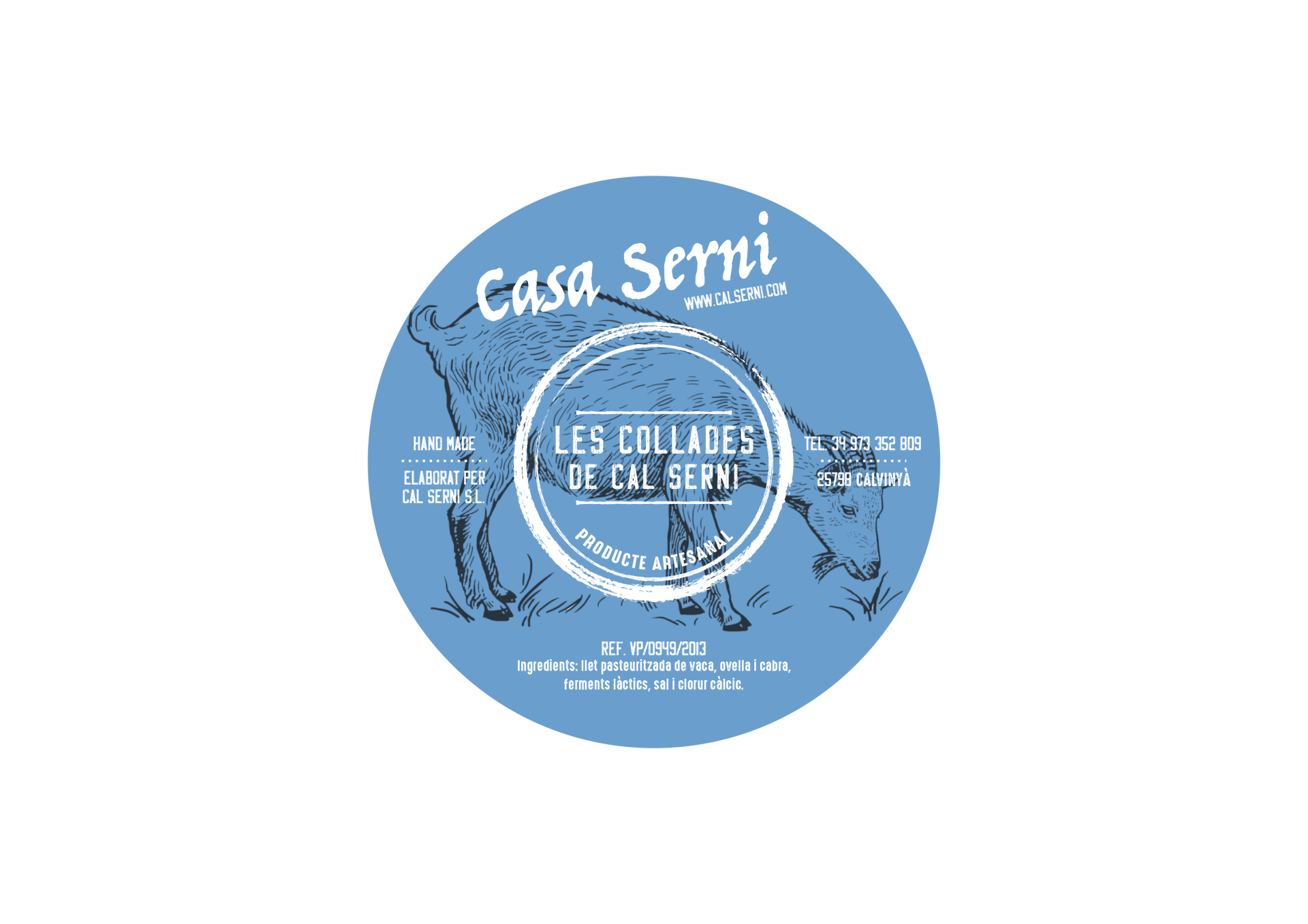 Etiqueta de formatge de pastor de color blau per Cal Serni a la Seu d'Urgell. Dissenyat per Mersi Studio.