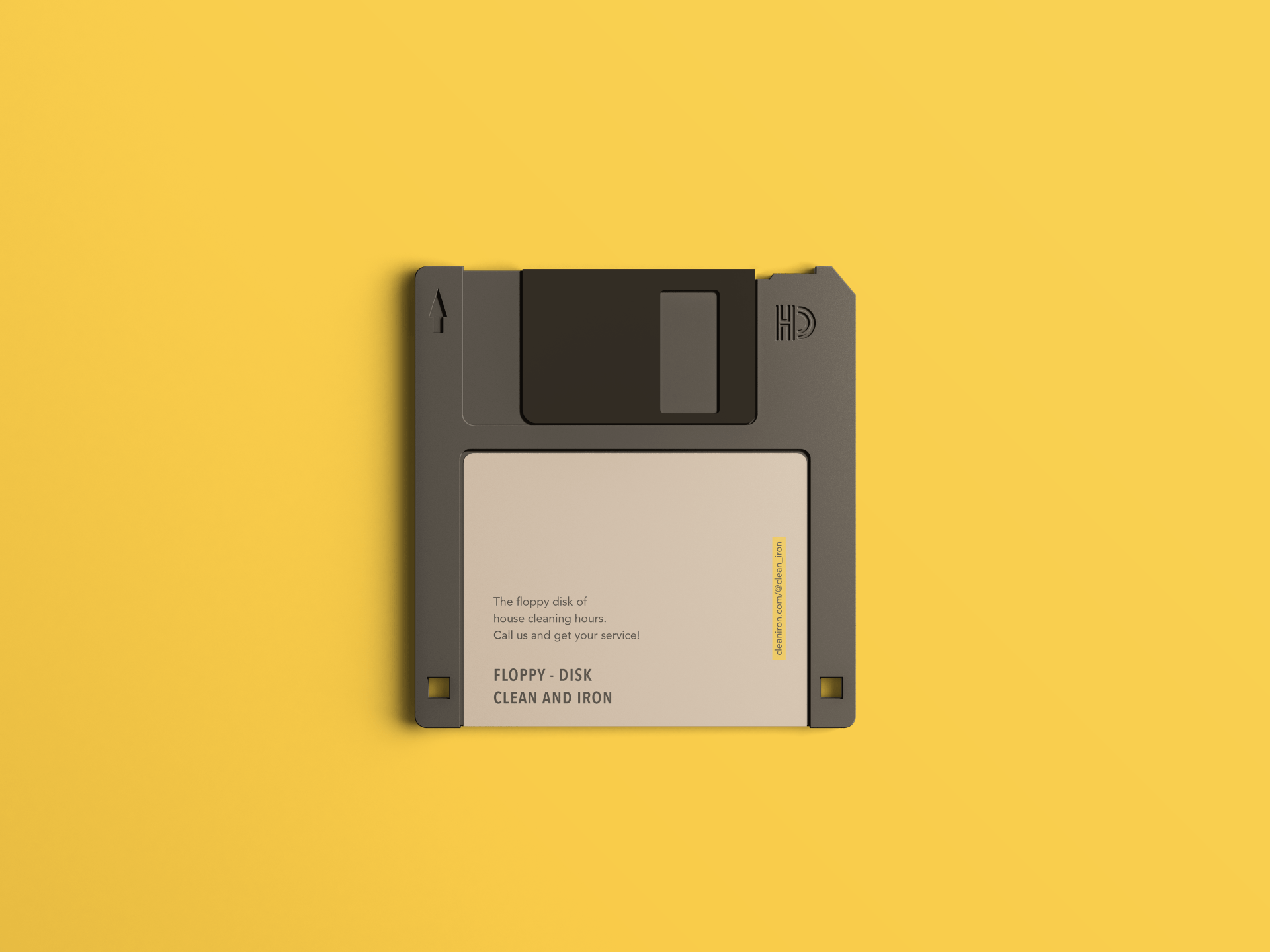 Floppy Disk Clean & Iron Service design by Mersi Studio. Mockup floppy disk fondo amarillo.