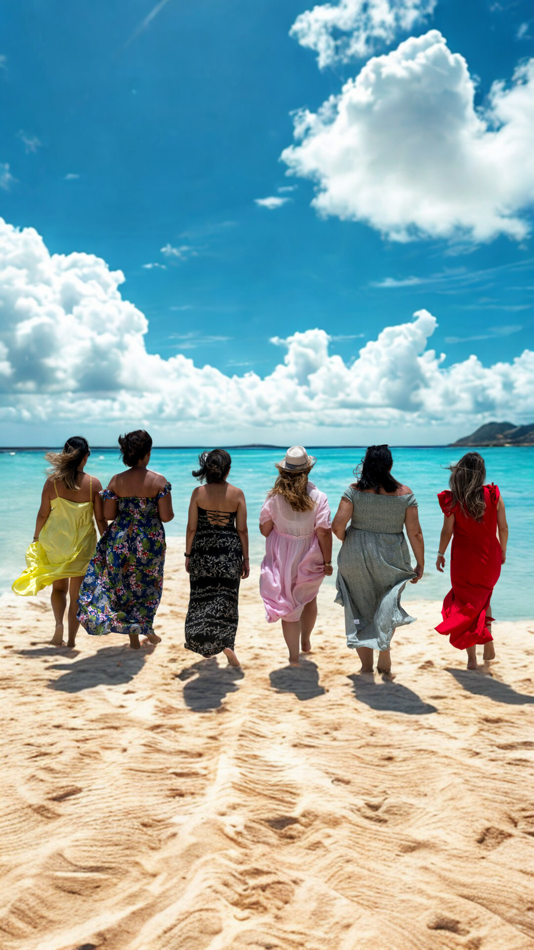 Woman with arms outstretched, sitting on a sandy beach, turquoise water, sunny sky.