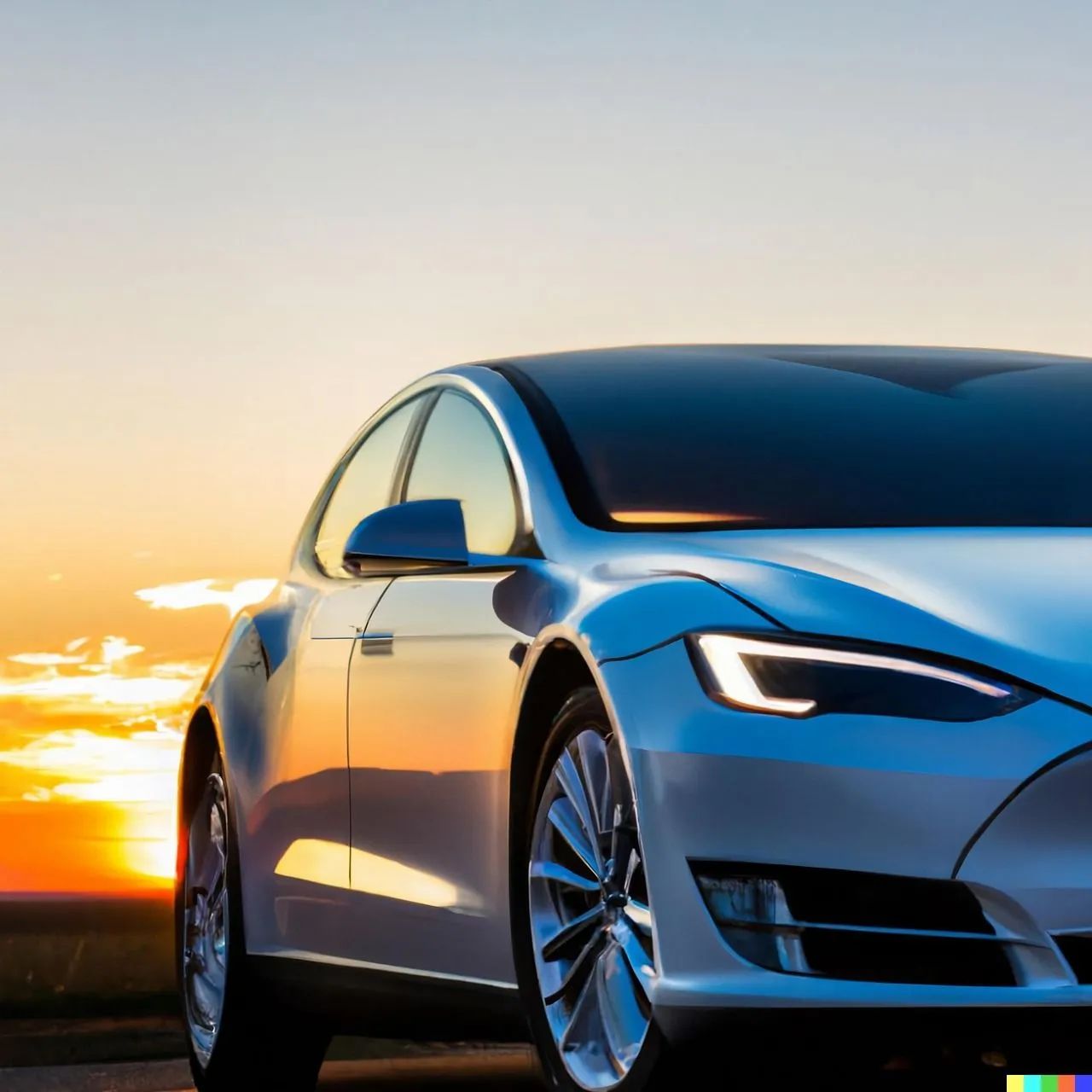 White Tesla car parked against a colorful sunset sky.