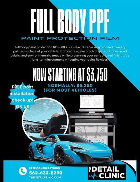 Ad for paint protection film, blue car, starting at $3,750, with free post-installation check-up.