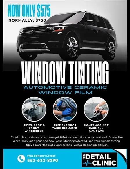 Advertisement for window tinting service. Black car, price reduction.  Ceramic window film for sides, back, front.