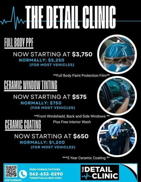 Advertisement for The Detail Clinic offering car detailing services: PPF, window tinting, and ceramic coating.