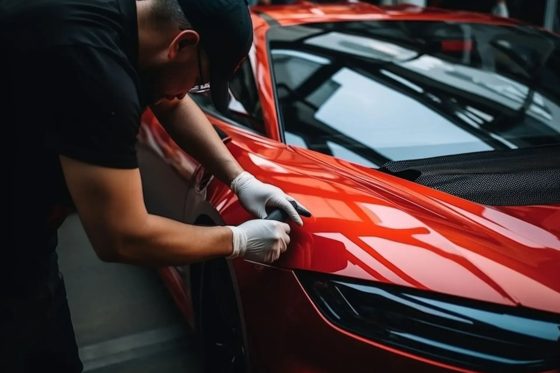 Person in black shirt and cap applying detail work to a shiny red car, wearing gloves.