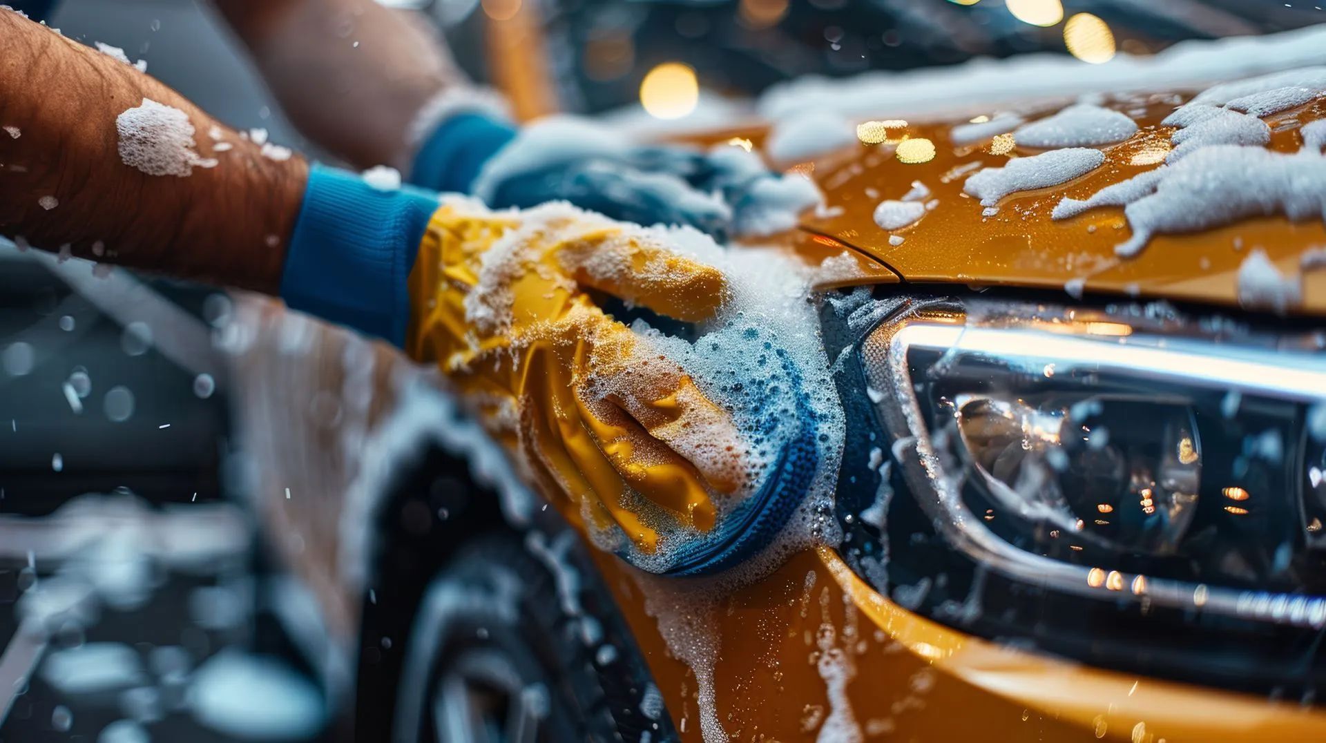 Person washing a yellow car with soapy gloves.