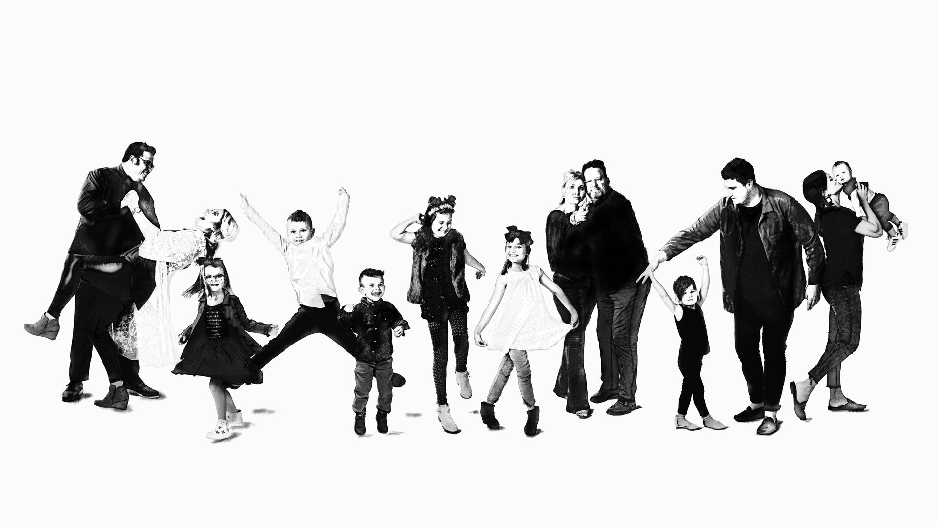 Group of people and children interacting and posing against a white background.