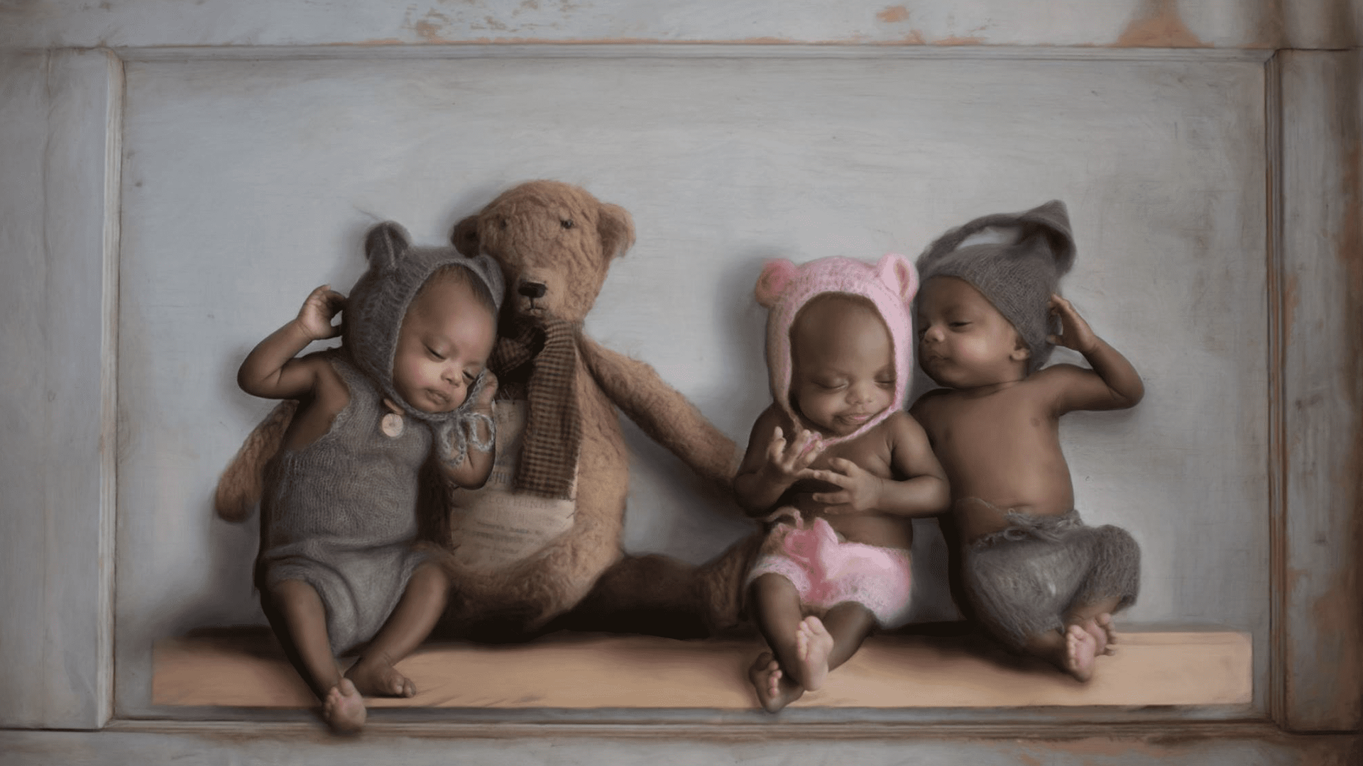 Four babies in bear hats pose with a teddy bear on a shelf; one baby is in pink.